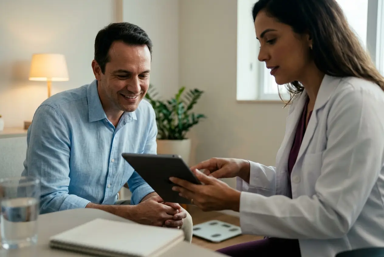 Nutricionista mostrando no tablet o resultado da avaliação de composição corporal a um colaborador