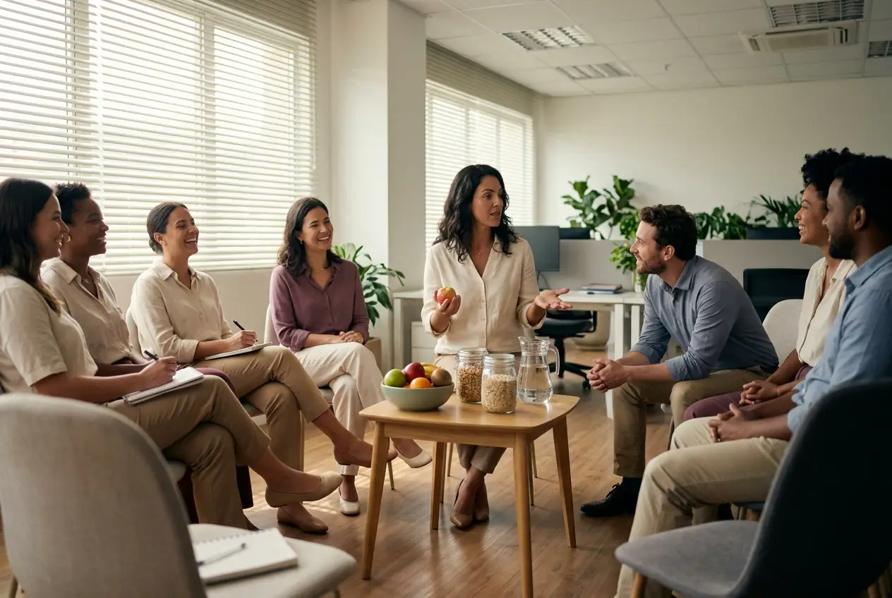 Nutricionista conduz uma roda de conversa sobre alimentação com colaboradores dentro da empresa
